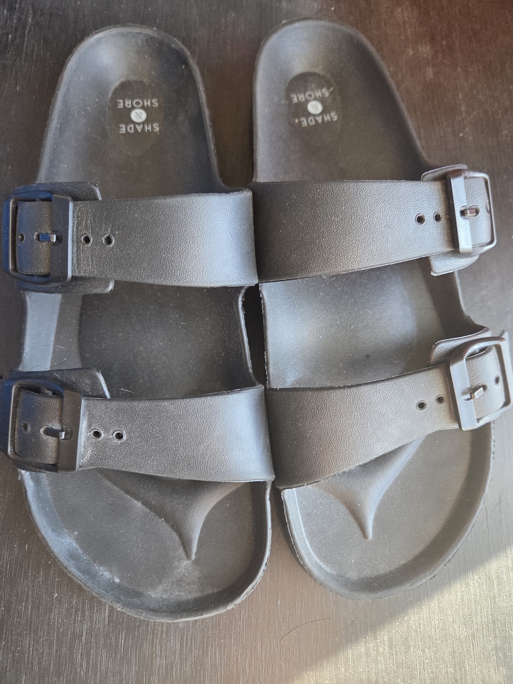 Shape and Shore Black Double-strap Buckle Slide Sandals